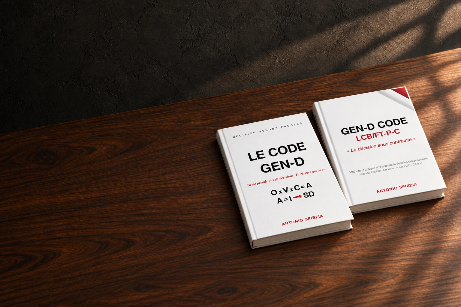 Les deux volumes GEN-D CODE sur un bureau en bois